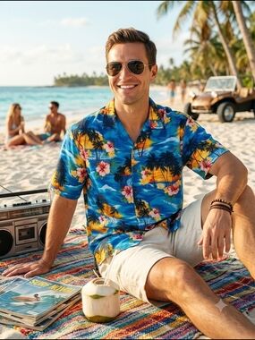 Retro Resort Tropical Sunset Aloha Shirt Palm Tree Hibiscus Surf Islandcore
